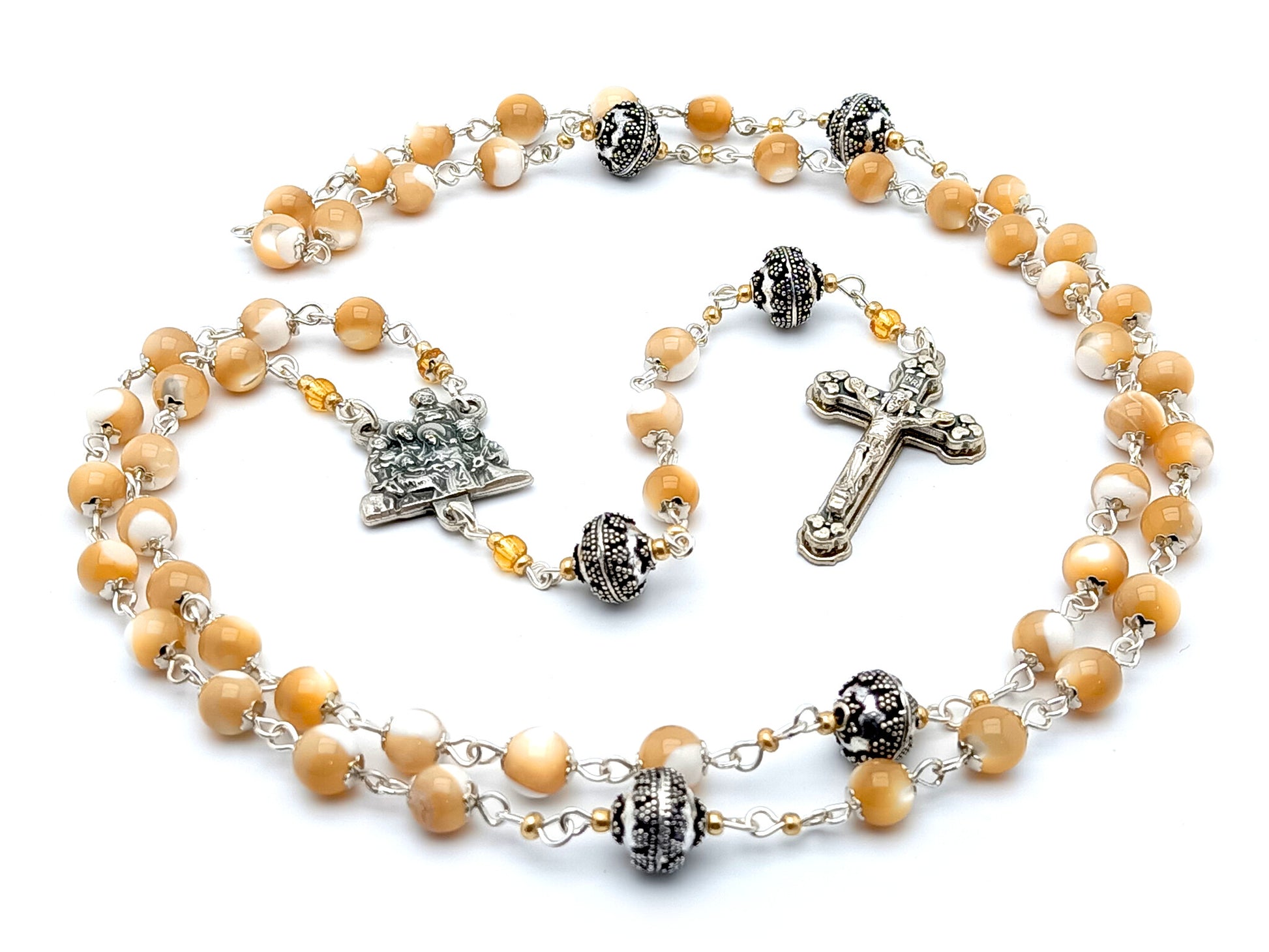 The Nativity unique rosary beads with mother of pearl and silver beads, silver crucifix and centre medal.