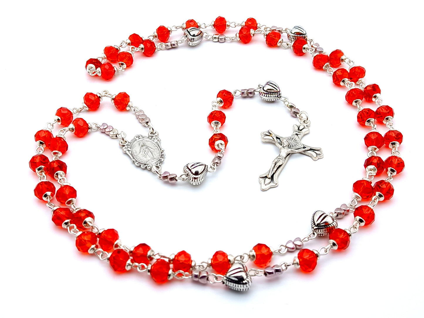 Miraculous medal unique rosary beads with red faceted glass and silver beads, silver crucifix and centre medal.