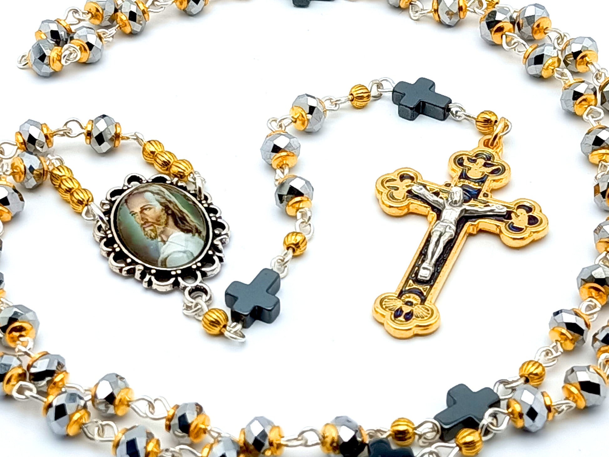 Holy Face of Jesus unique rosary beads with silver faceted glass and hematite beads, gold and silver crucifix and picture centre medal.