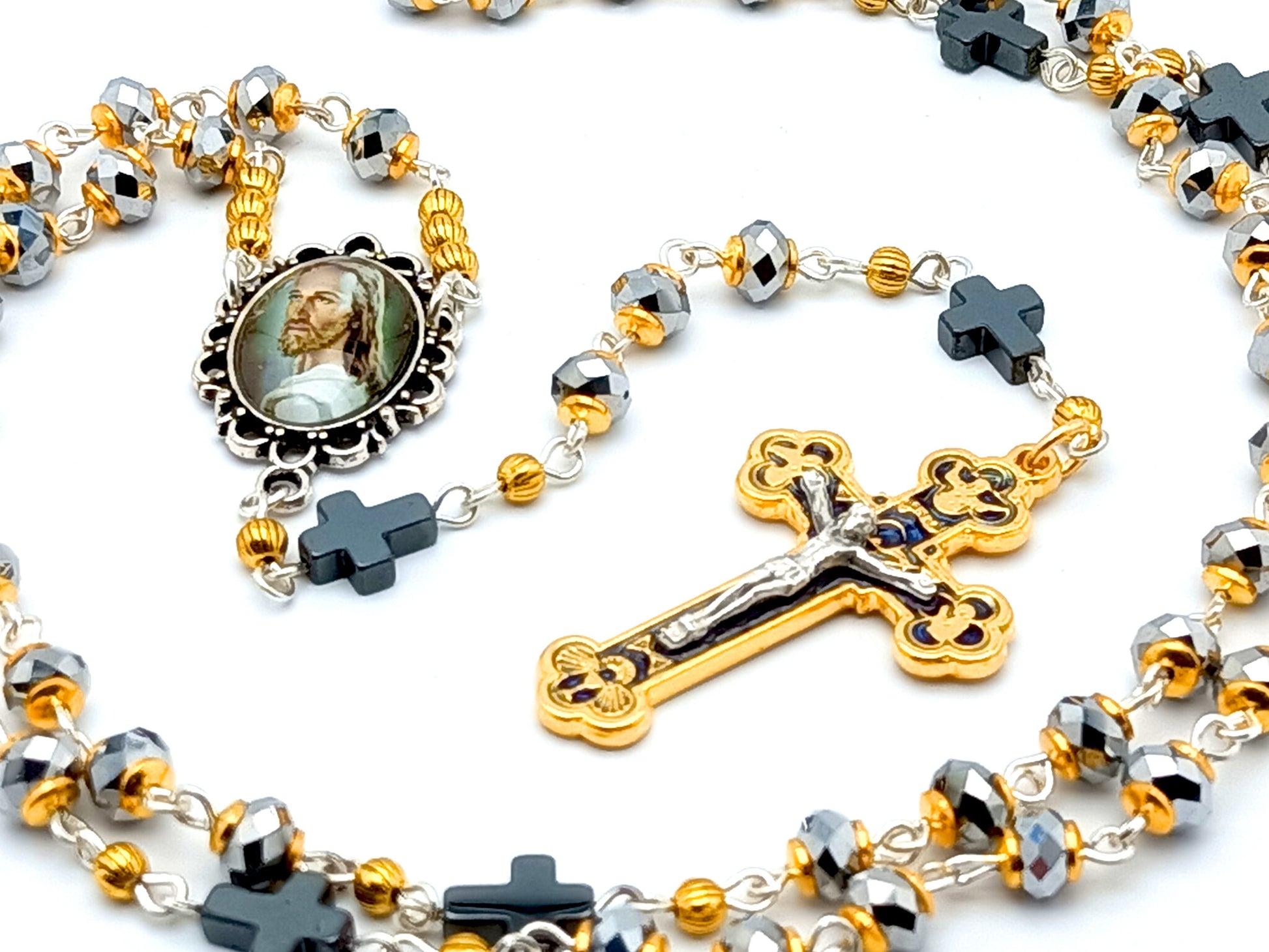 Holy Face of Jesus unique rosary beads with silver faceted glass and hematite beads, gold and silver crucifix and picture centre medal.