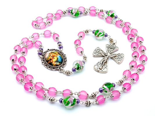 Virgin Mary unique rosary beads with pink and floral glass beads, silver harlequin crucifix and picture centre medal.