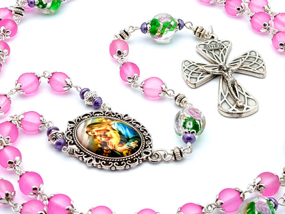 Virgin Mary unique rosary beads with pink and floral glass beads, silver harlequin crucifix and picture centre medal.