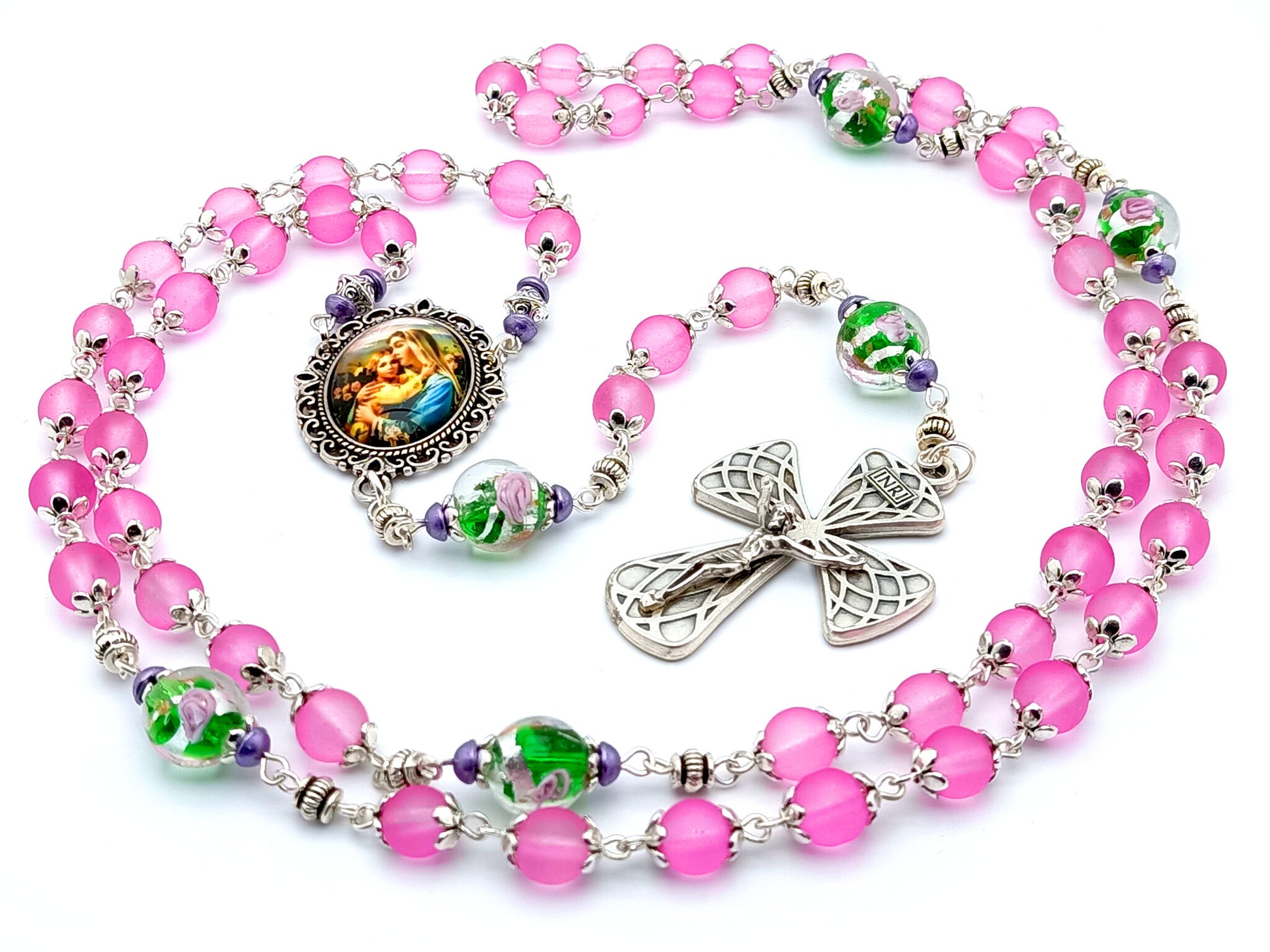 Virgin Mary unique rosary beads with pink and floral glass beads, silver harlequin crucifix and picture centre medal.