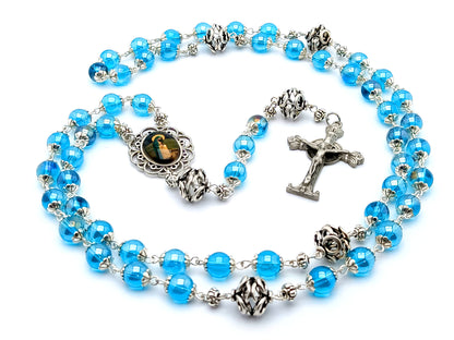 Our Lady of Guadalupe unique rosary beads with blue glass and silver beads, pewter crucifix and silver picture centre medal.