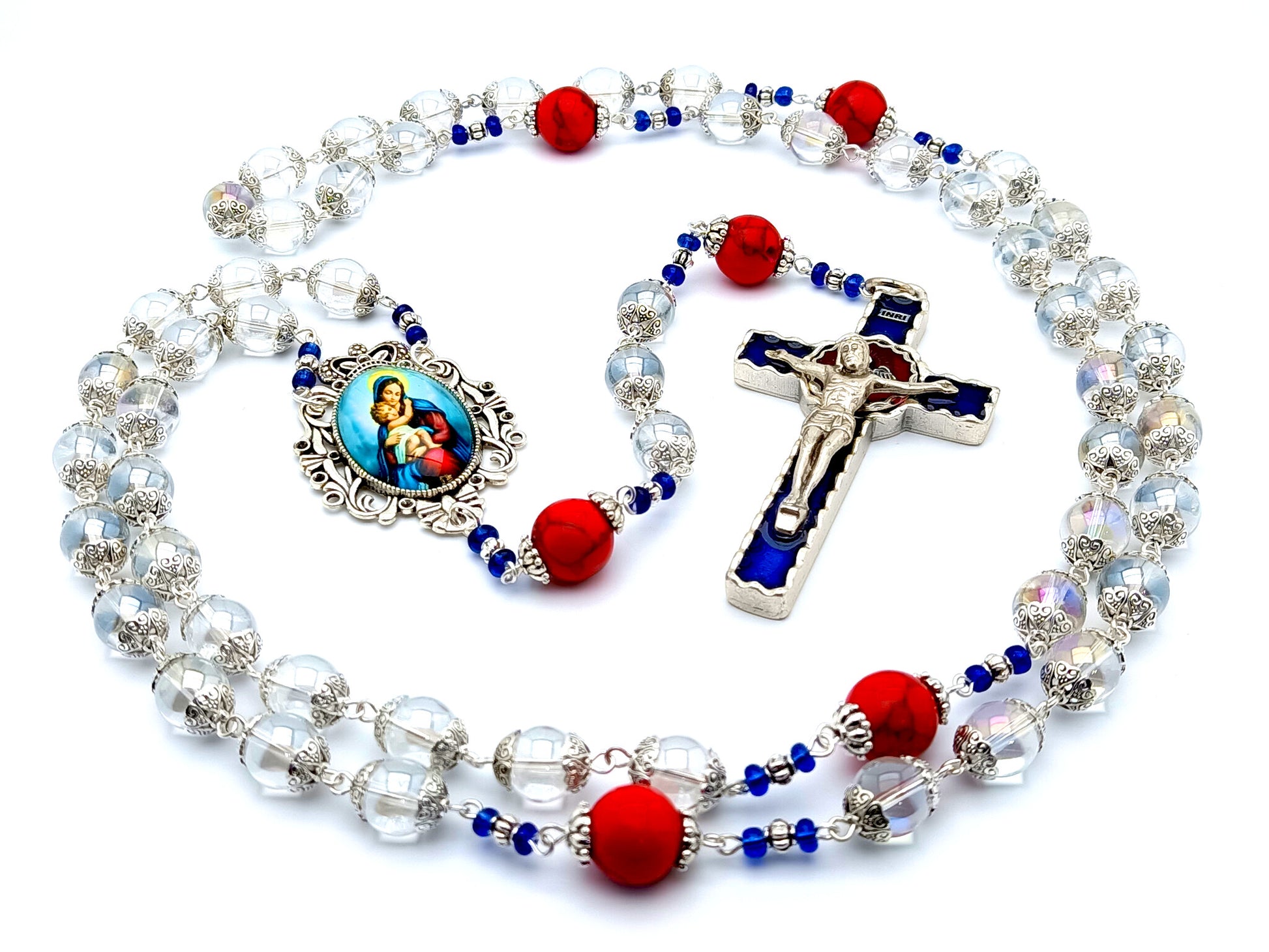 Virgin & Child unique rosary beads with clear glass beads, red gemstone pater beads and blue enamel crucifix.