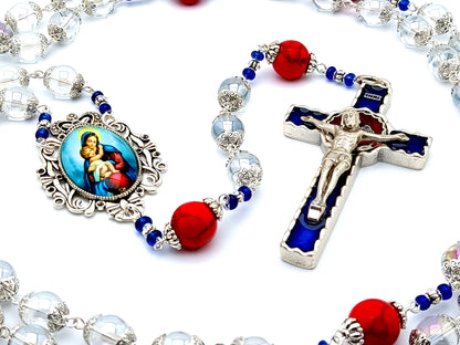 Virgin & Child unique rosary beads with clear glass beads, red gemstone pater beads and blue enamel crucifix.