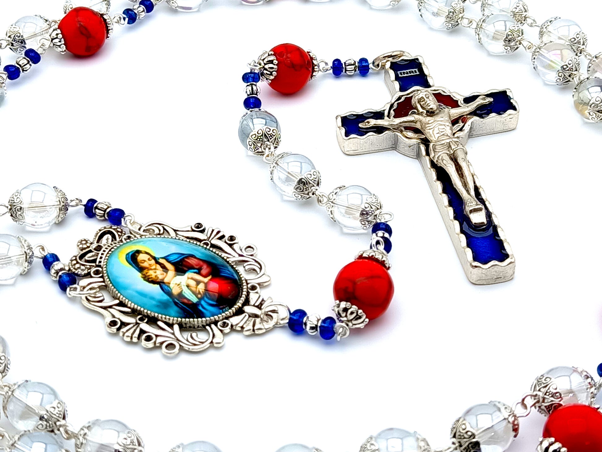 Virgin & Child unique rosary beads with clear glass beads, red gemstone pater beads and blue enamel crucifix.