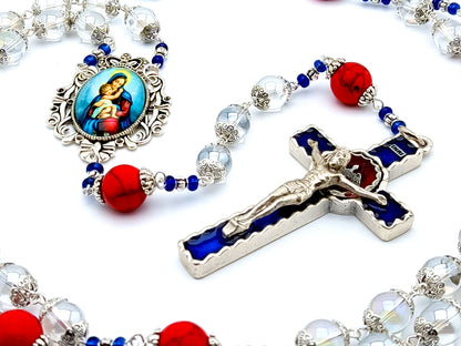 Virgin & Child unique rosary beads with clear glass beads, red gemstone pater beads and blue enamel crucifix.