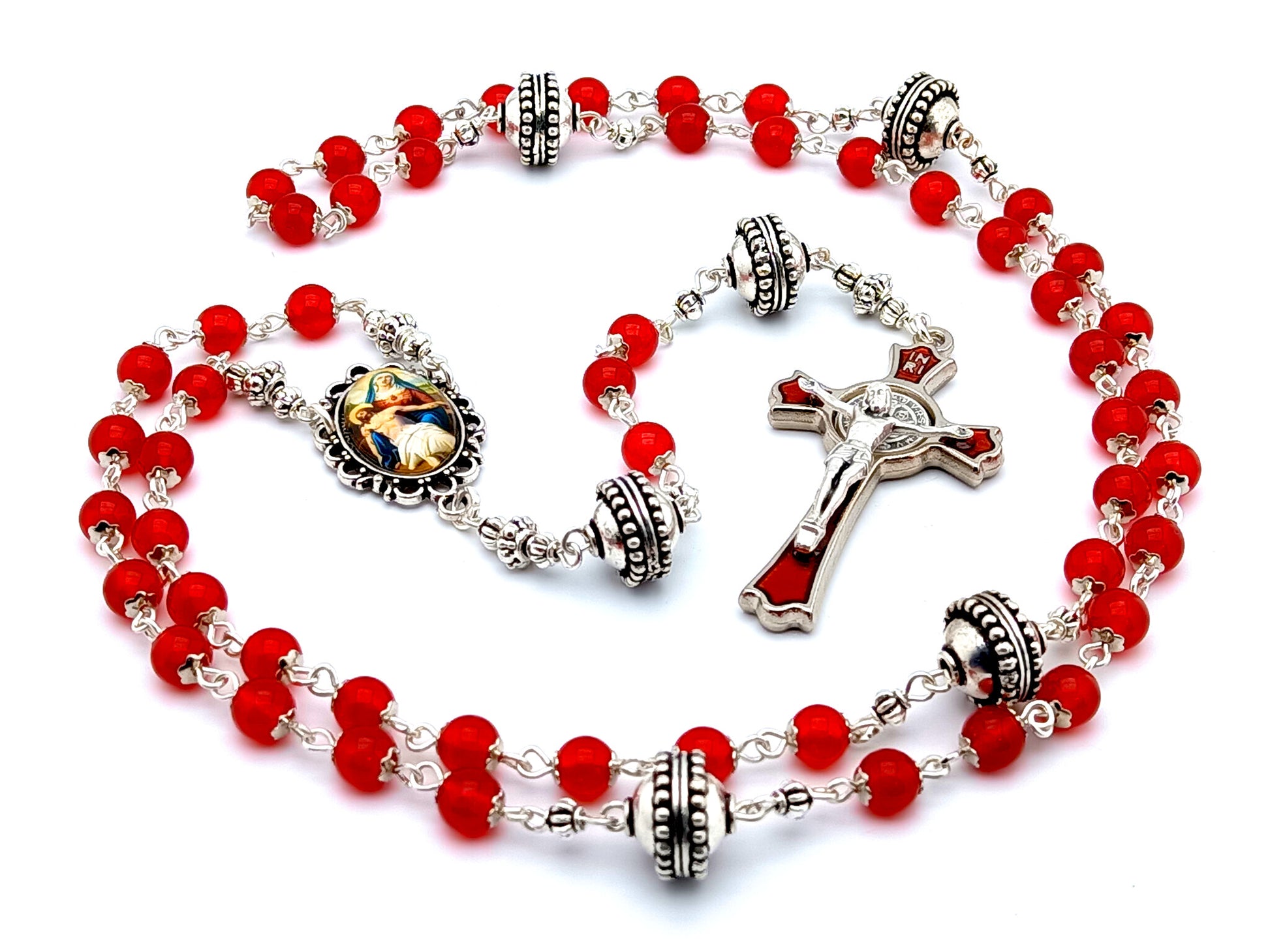 The Passion of Christ unique rosary beads with red glass and silver beads, red enamel and silver crucifix and picture centre medal.