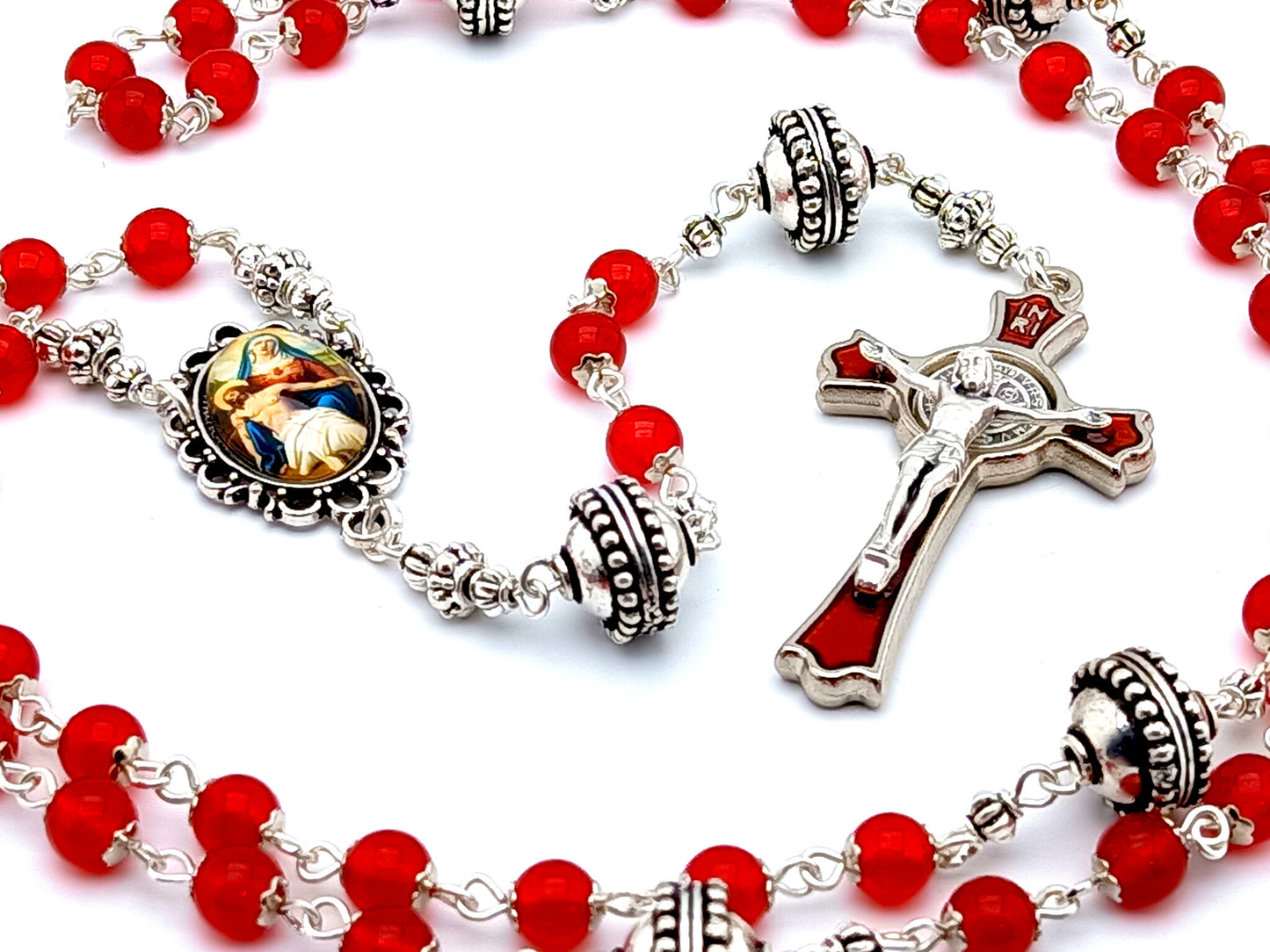 The Passion of Christ unique rosary beads with red glass and silver beads, red enamel and silver crucifix and picture centre medal.