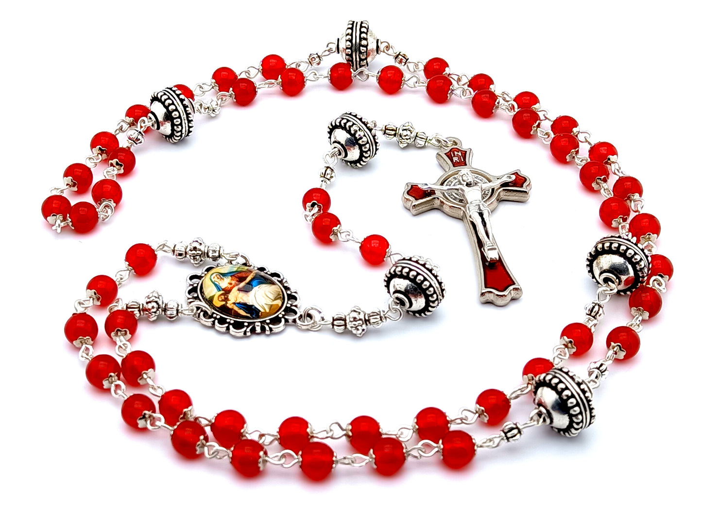 The Passion of Christ unique rosary beads with red glass and silver beads, red enamel and silver crucifix and picture centre medal.