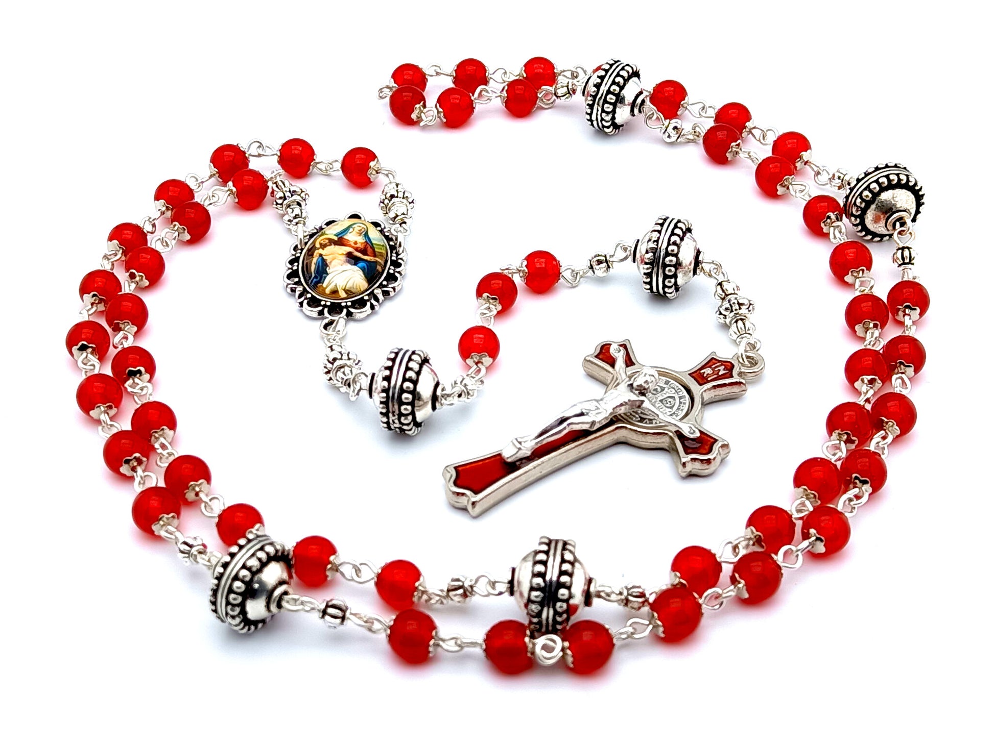 The Passion of Christ unique rosary beads with red glass and silver beads, red enamel and silver crucifix and picture centre medal.