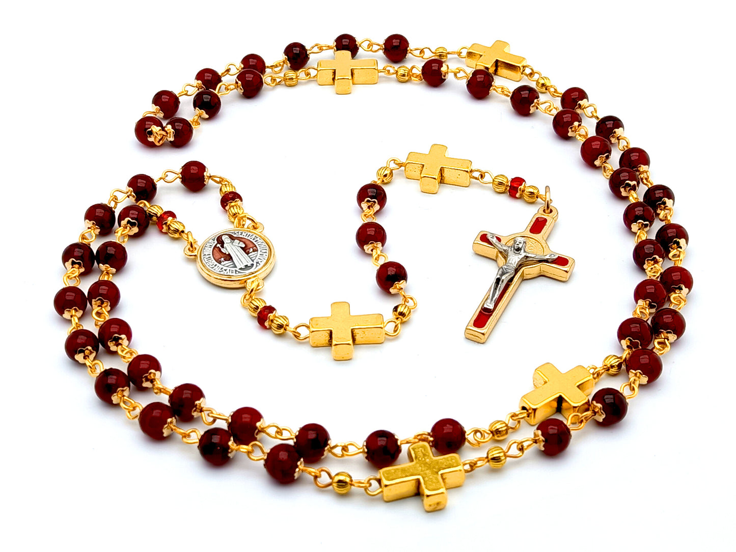 Saint Benedict unique rosary beads with deep red glass and golden cross beads, red and gold enamel crucifix and centre medal.