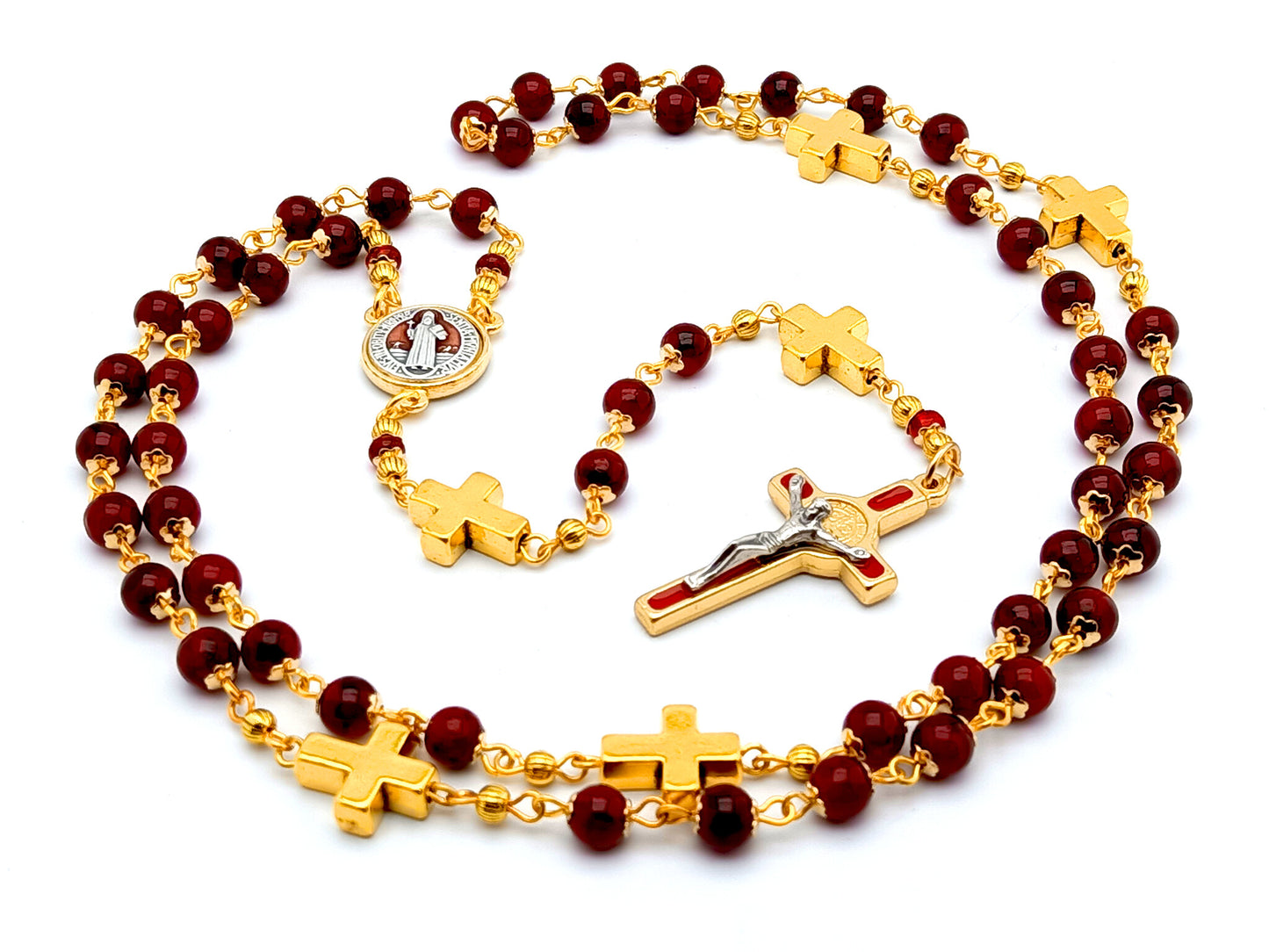 Saint Benedict unique rosary beads with deep red glass and golden cross beads, red and gold enamel crucifix and centre medal.