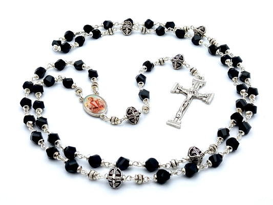 Saint John of the Cross unique rosary beads with black faceted glass and silver beads, silver crucifix and picture centre medal.