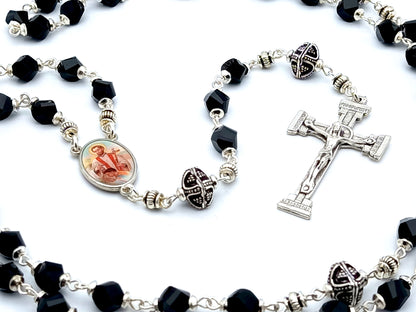 Saint John of the Cross unique rosary beads with black faceted glass and silver beads, silver crucifix and picture centre medal.