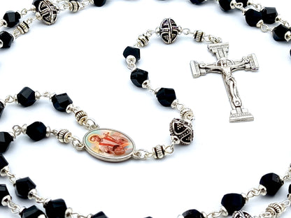 Saint John of the Cross unique rosary beads with black faceted glass and silver beads, silver crucifix and picture centre medal.