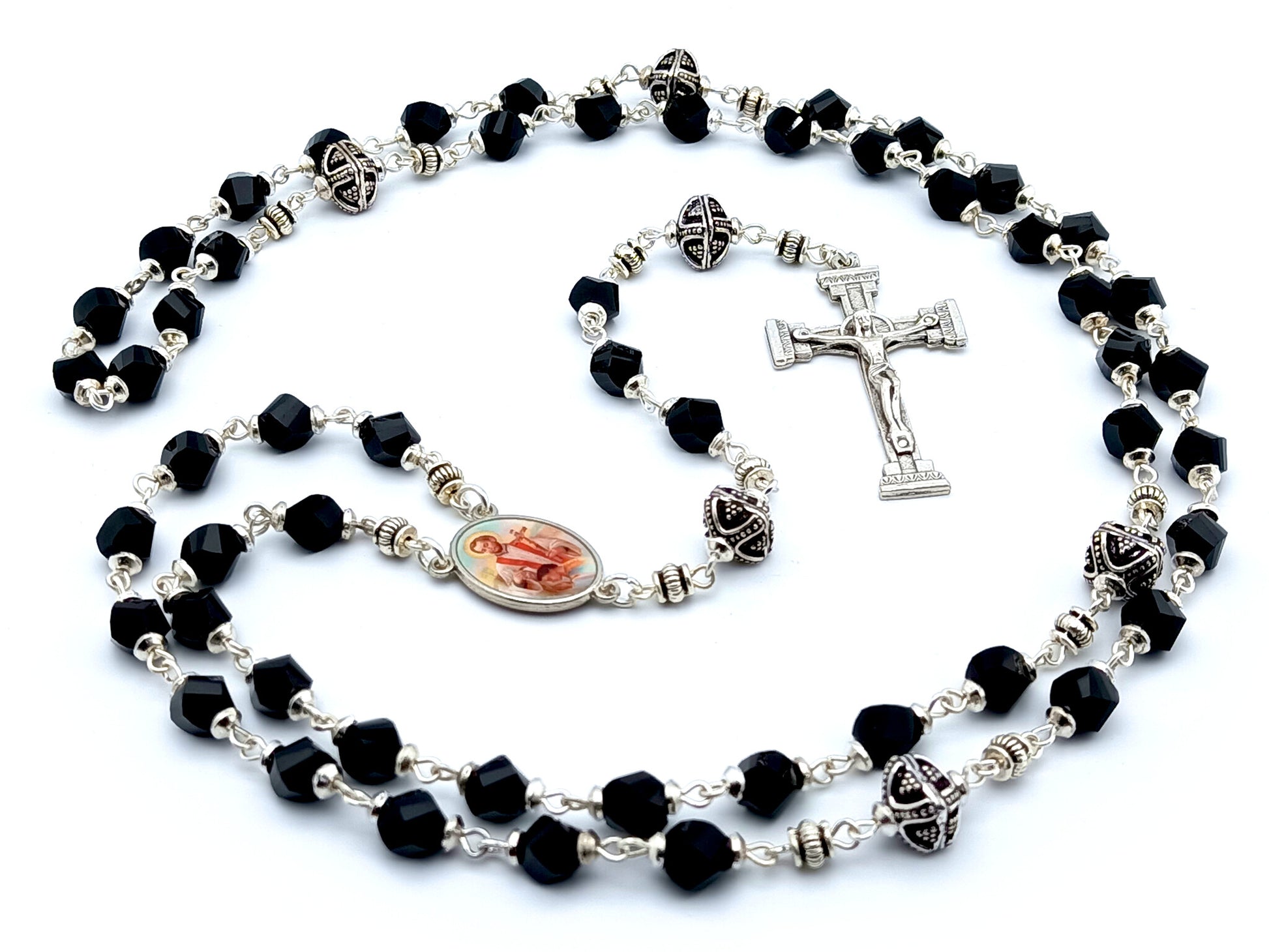 Saint John of the Cross unique rosary beads with black faceted glass and silver beads, silver crucifix and picture centre medal.