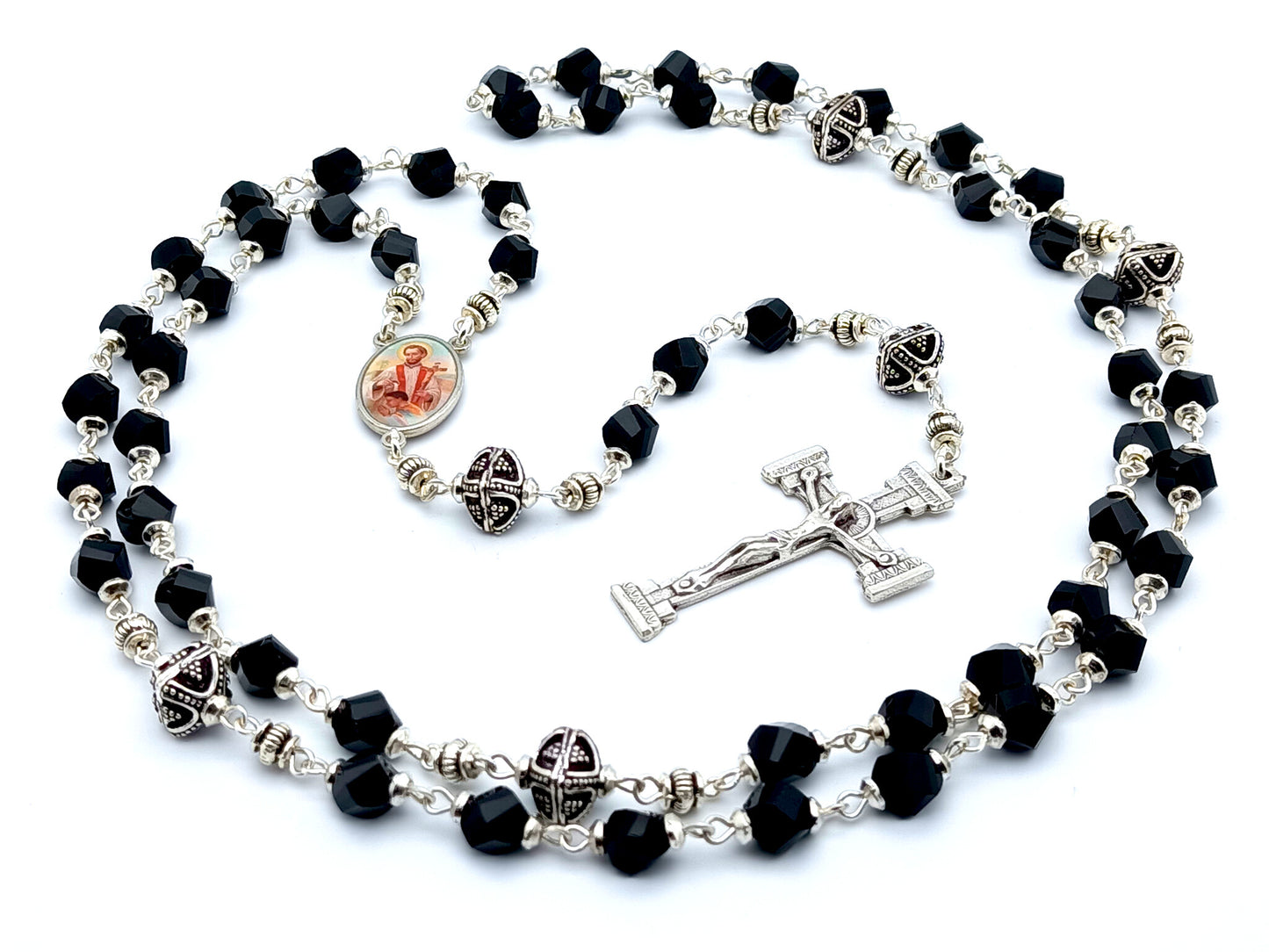 Saint John of the Cross unique rosary beads with black faceted glass and silver beads, silver crucifix and picture centre medal.