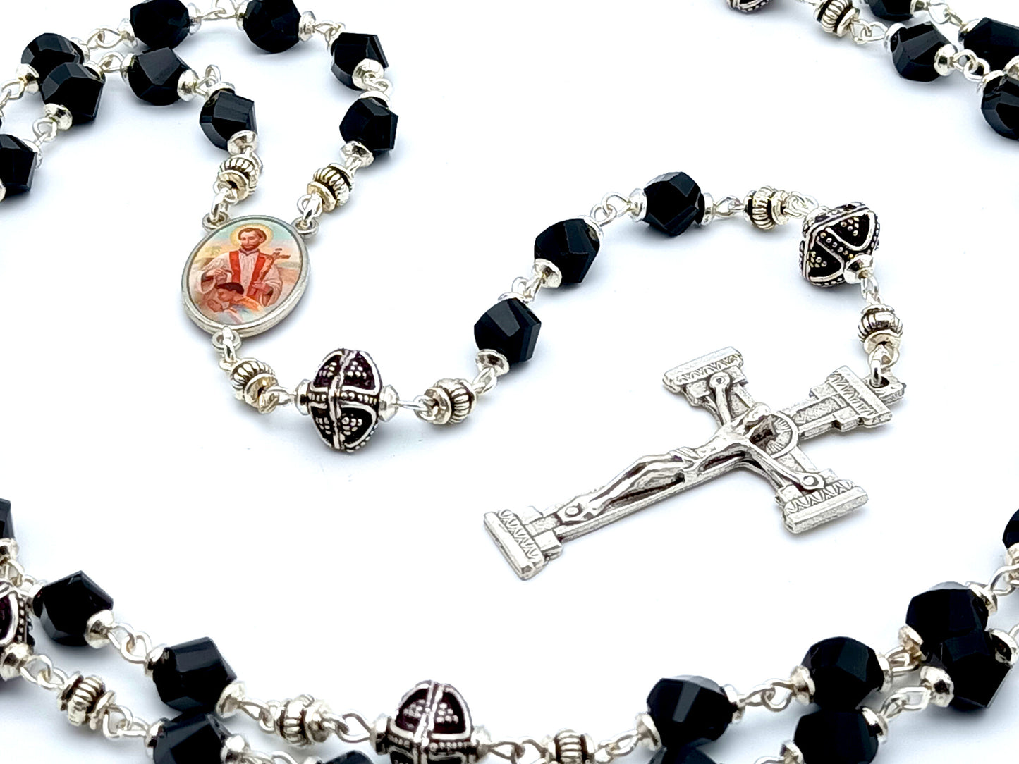 Saint John of the Cross unique rosary beads with black faceted glass and silver beads, silver crucifix and picture centre medal.