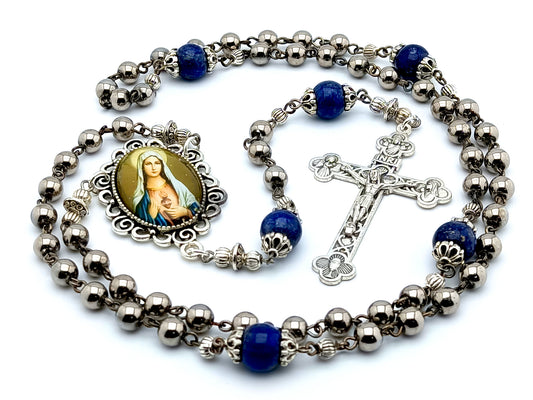 Immaculate Heart of Mary unique rosary beads with silver glass and lapis lazuli beads, silver crucifix and picture centre medal.