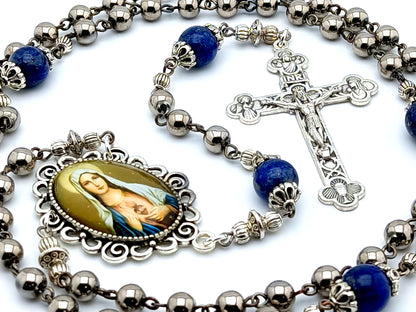 Immaculate Heart of Mary unique rosary beads with silver glass and lapis lazuli beads, silver crucifix and picture centre medal.