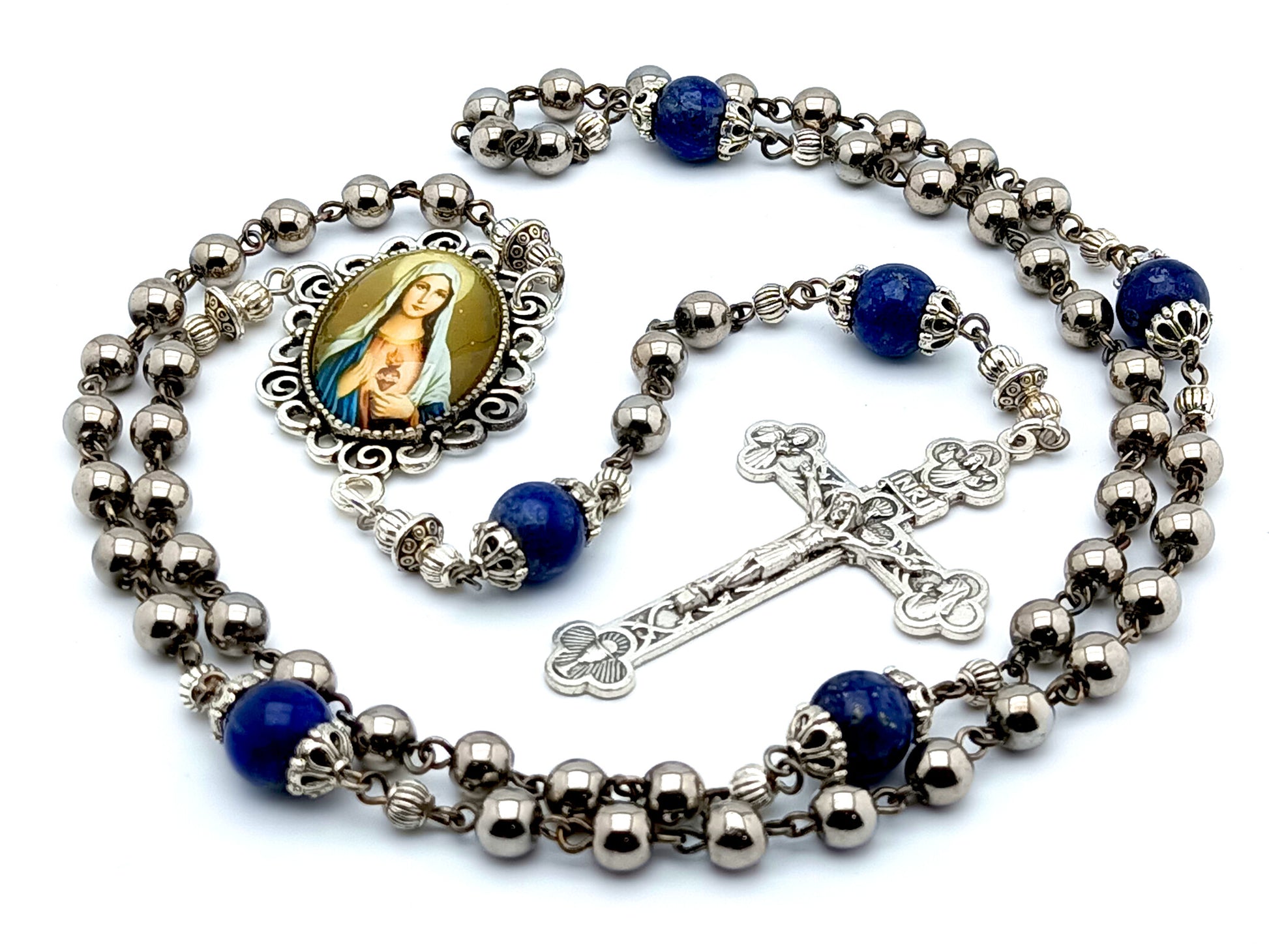 Immaculate Heart of Mary unique rosary beads with silver glass and lapis lazuli beads, silver crucifix and picture centre medal.