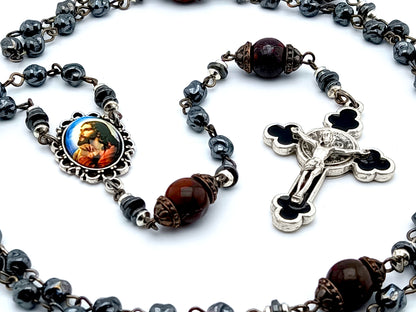 Agony in the garden unique rosary beads with dark grey nugget glass beads, black and silver enamel crucifix and picture centre medal.