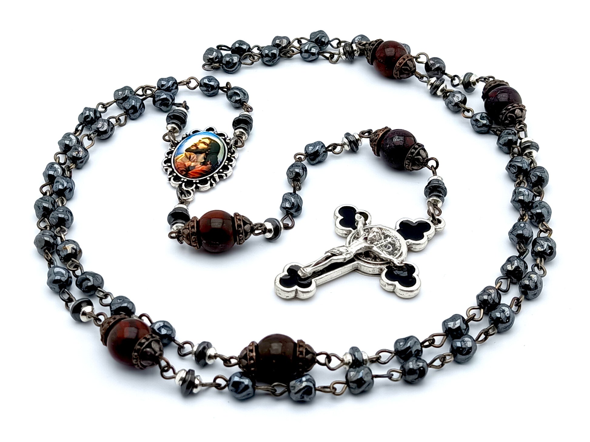 Agony in the garden unique rosary beads with dark grey nugget glass beads, black and silver enamel crucifix and picture centre medal.