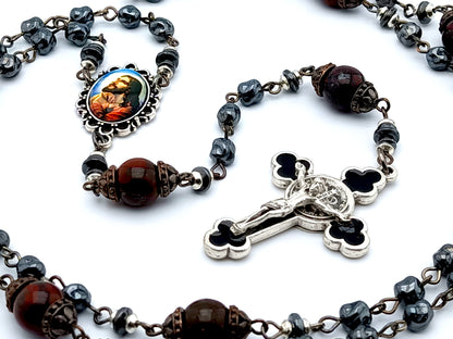Agony in the garden unique rosary beads with dark grey nugget glass beads, black and silver enamel crucifix and picture centre medal.