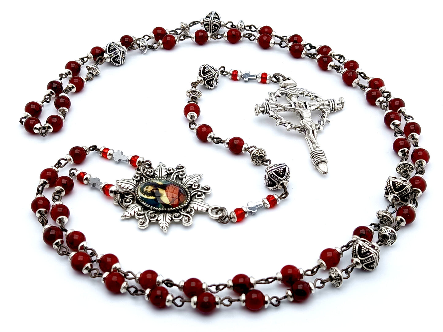 Crowning with Thorns unique rosary beads with deep red glass and silver beads, silver nail crucifix and picture centre medal.