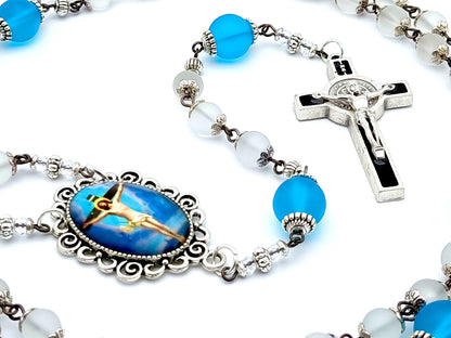 The Crucifixion unique rosary beads with frosted clear and blue glass beads, black and silver enamel crucifix and picture centre medal.