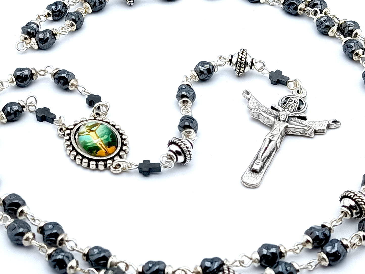 The Crucifixion unique rosary beads with dark grey nugget glass and silver beads, silver Trinity crucifix and picture centre medal.