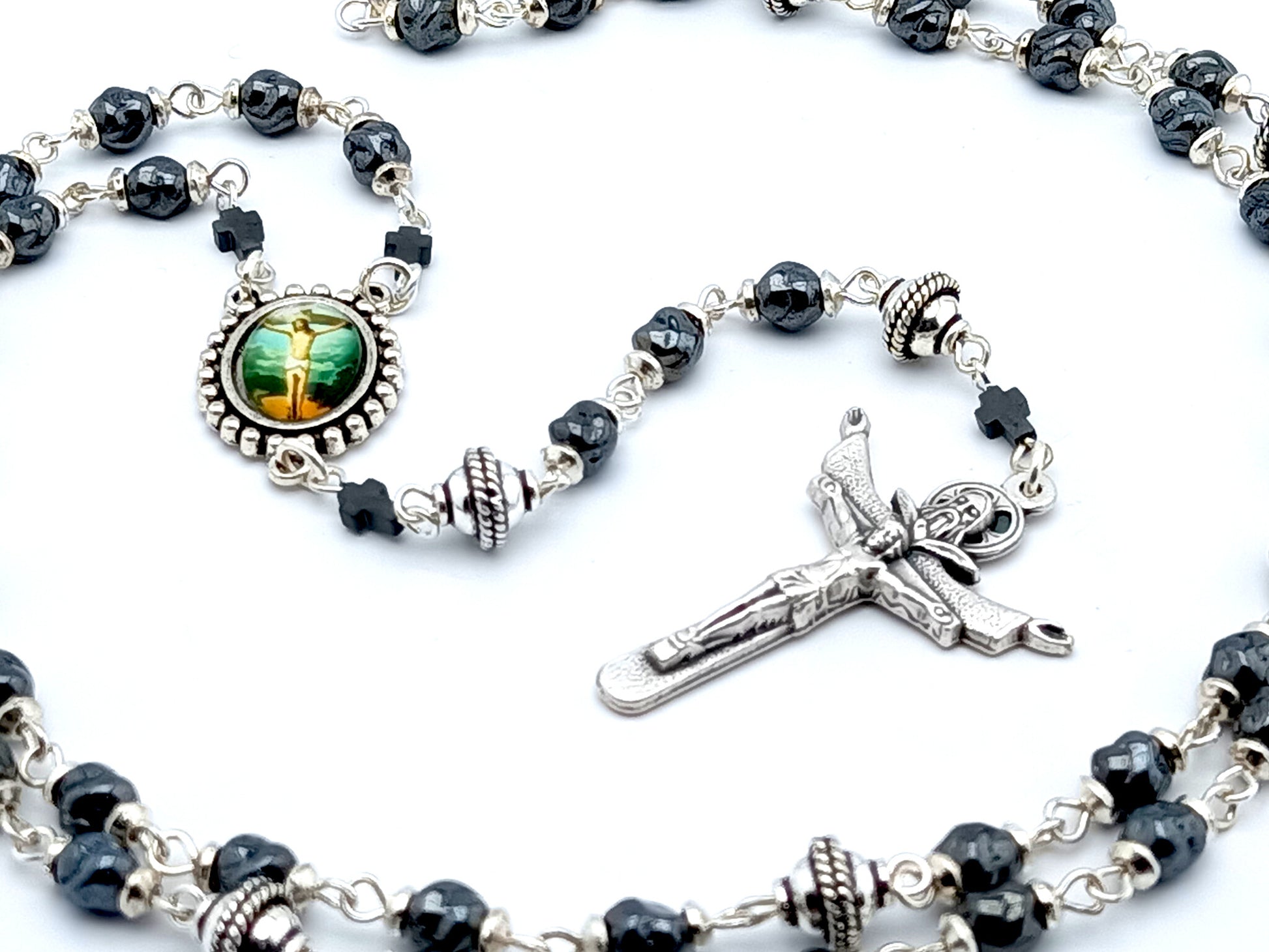 The Crucifixion unique rosary beads with dark grey nugget glass and silver beads, silver Trinity crucifix and picture centre medal.