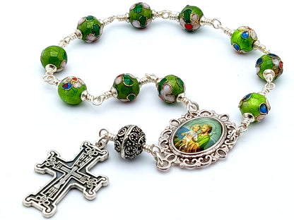 Saint Joseph unique rosary beads unbreakable single decade rosary with cloisonne and silver beads, silver cross and picture centre medal.
