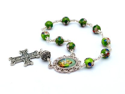 Saint Joseph unique rosary beads unbreakable single decade rosary with cloisonne and silver beads, silver cross and picture centre medal.