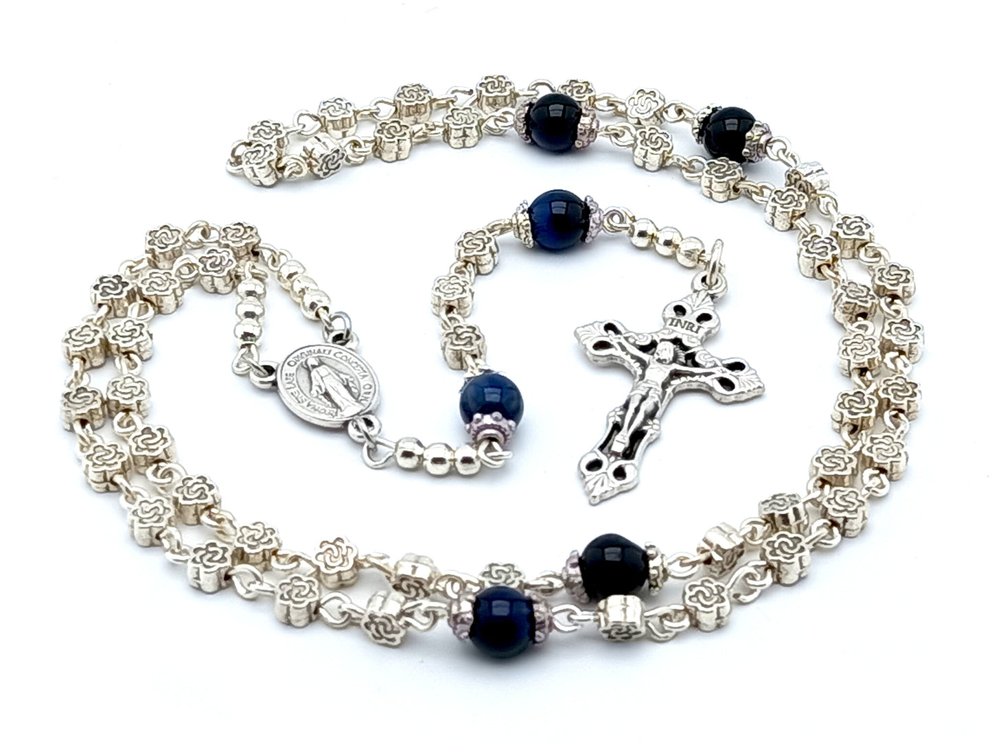 Miraculous Medal unique rosary beads miniature rosary with silver flower and blue beads, silver crucifix and centre medal.