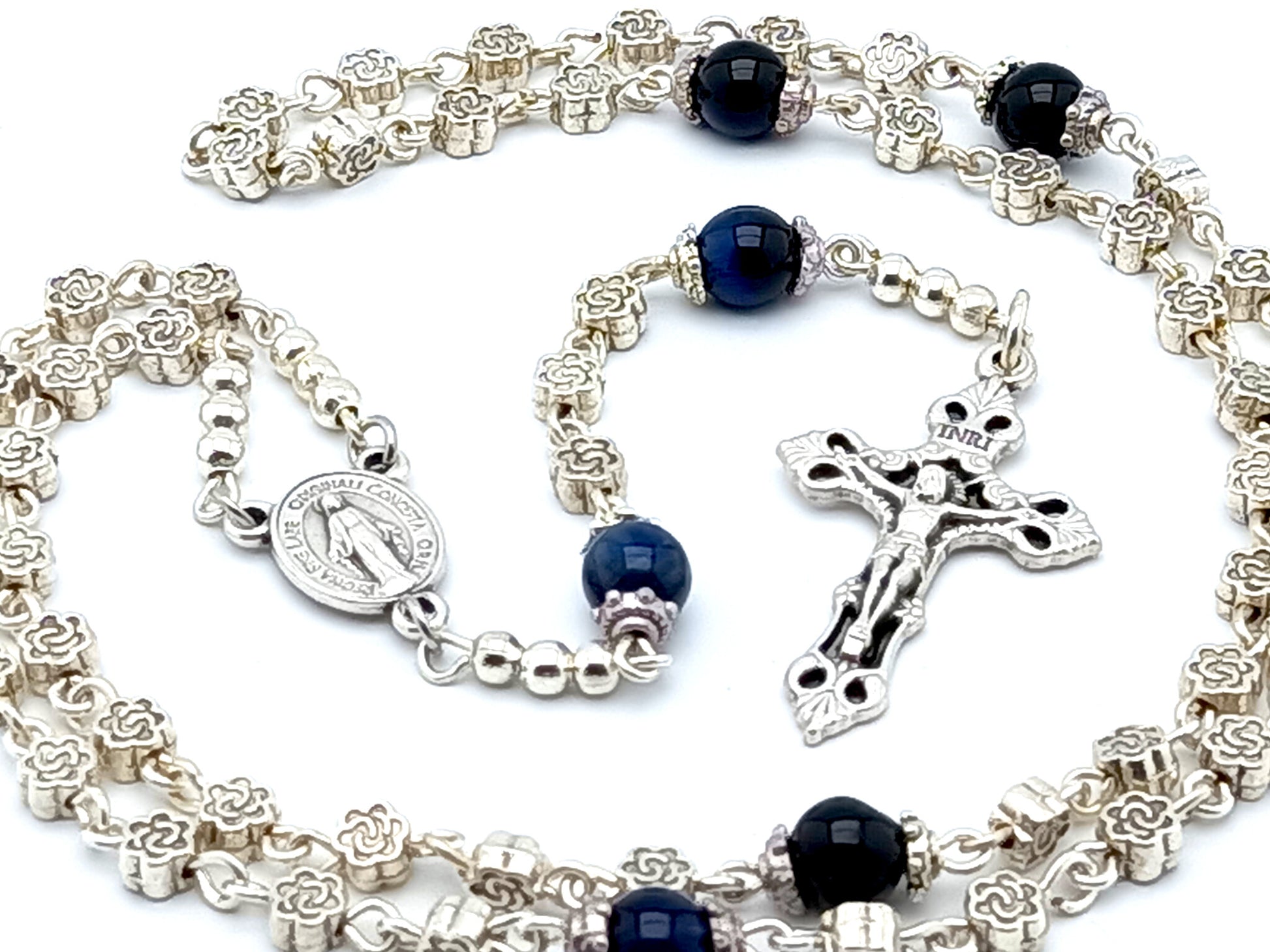 Miraculous Medal unique rosary beads miniature rosary with silver flower and blue beads, silver crucifix and centre medal.