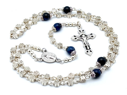 Miraculous Medal unique rosary beads miniature rosary with silver flower and blue beads, silver crucifix and centre medal.