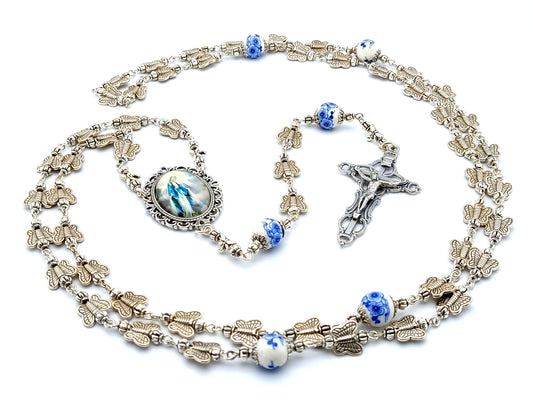 Miraculous medal unique rosary beads with silver butterfly and porcelain beads, silver crucifix and picture centre medal.