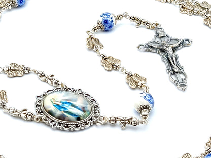 Miraculous medal unique rosary beads with silver butterfly and porcelain beads, silver crucifix and picture centre medal.