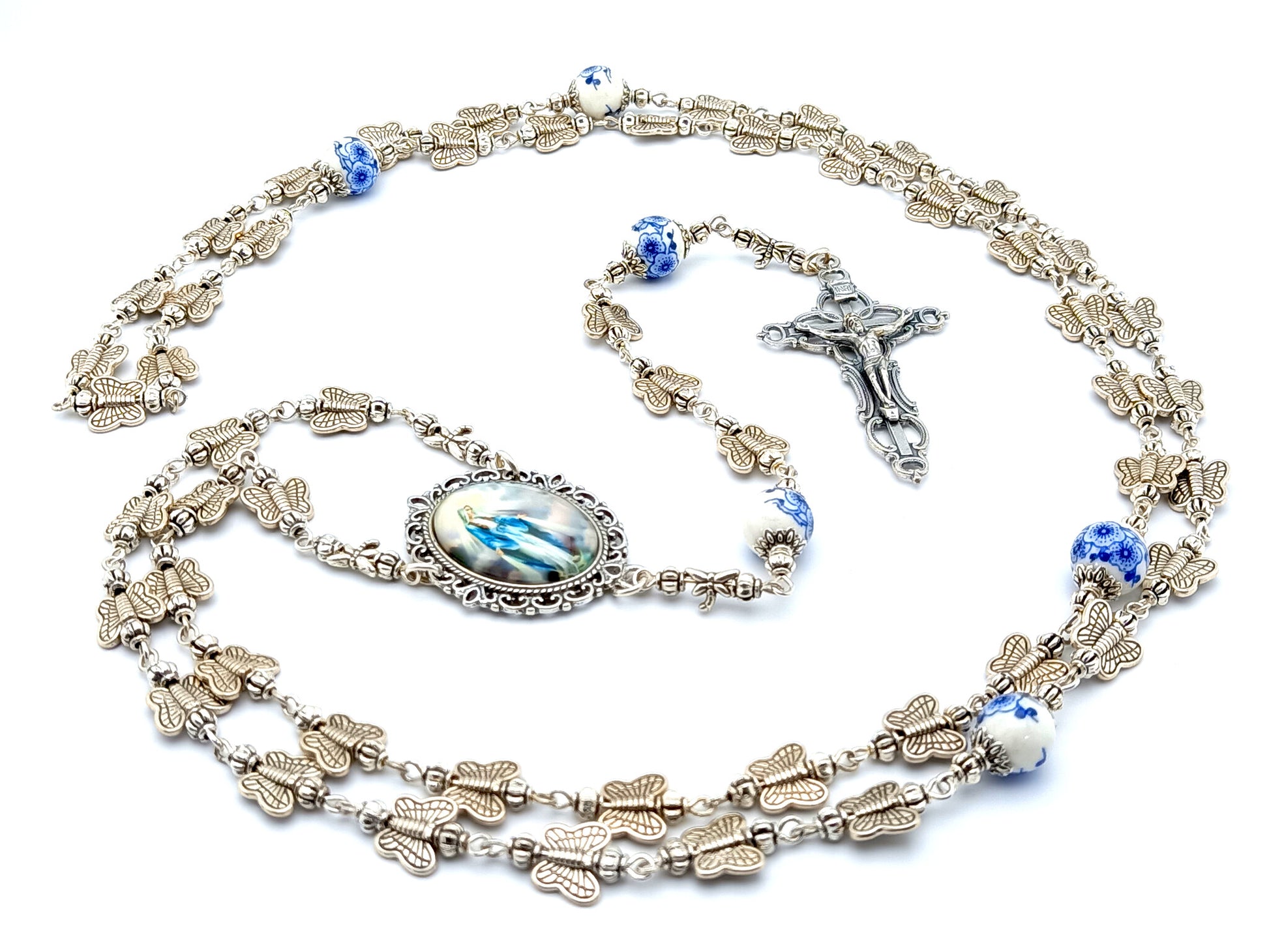 Miraculous medal unique rosary beads with silver butterfly and porcelain beads, silver crucifix and picture centre medal.