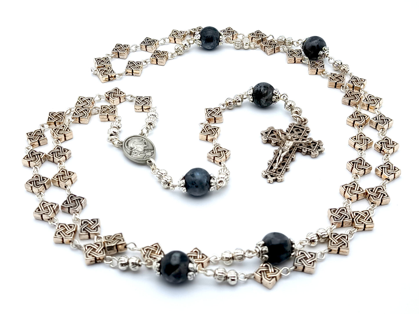 Brown Scapular unique rosary beads with silver Celtic cross and gemstone beads, silver crucifix and centre medal.