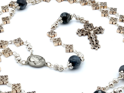 Brown Scapular unique rosary beads with silver Celtic cross and gemstone beads, silver crucifix and centre medal.