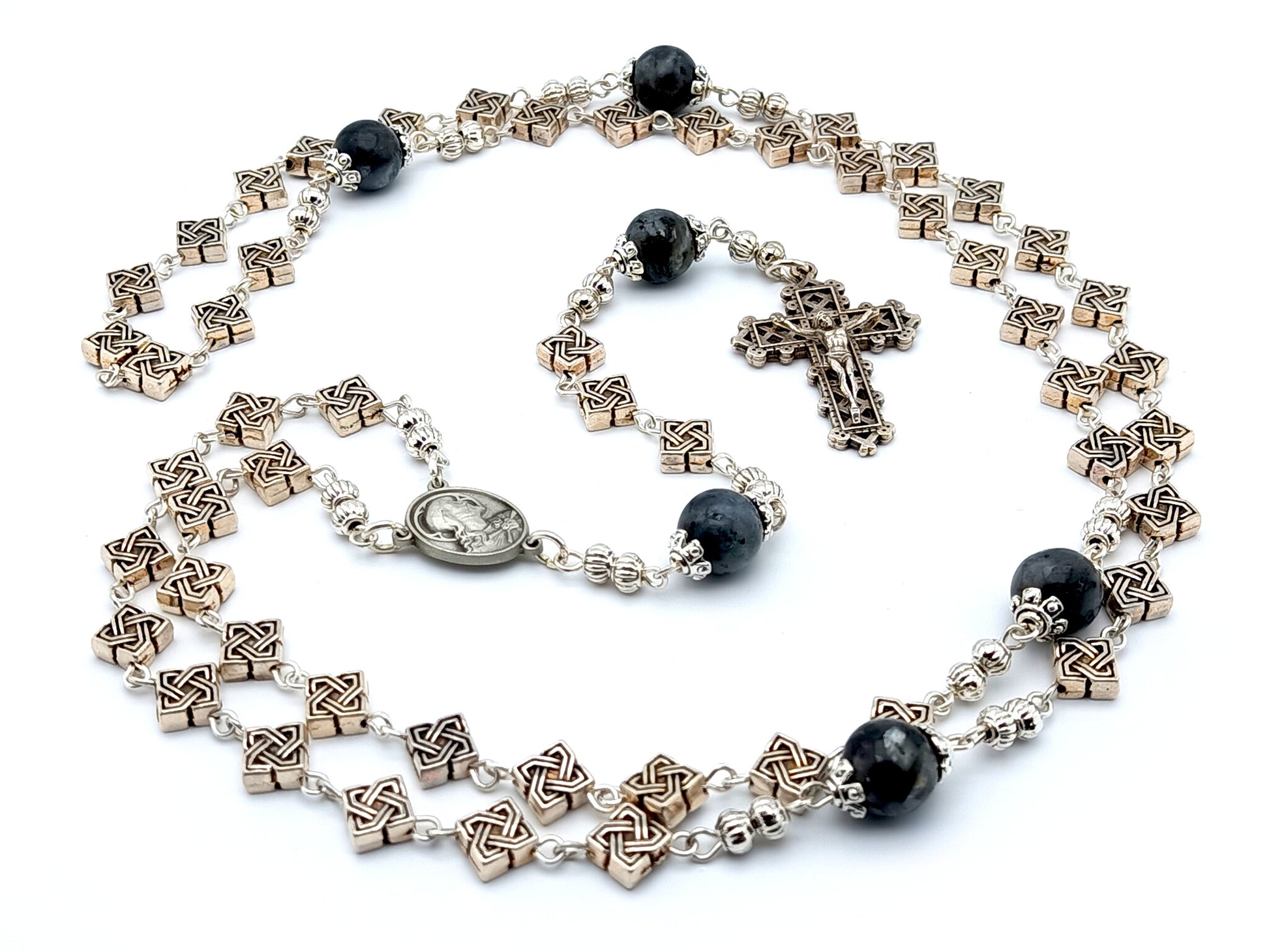 Brown Scapular unique rosary beads with silver Celtic cross and gemstone beads, silver crucifix and centre medal.