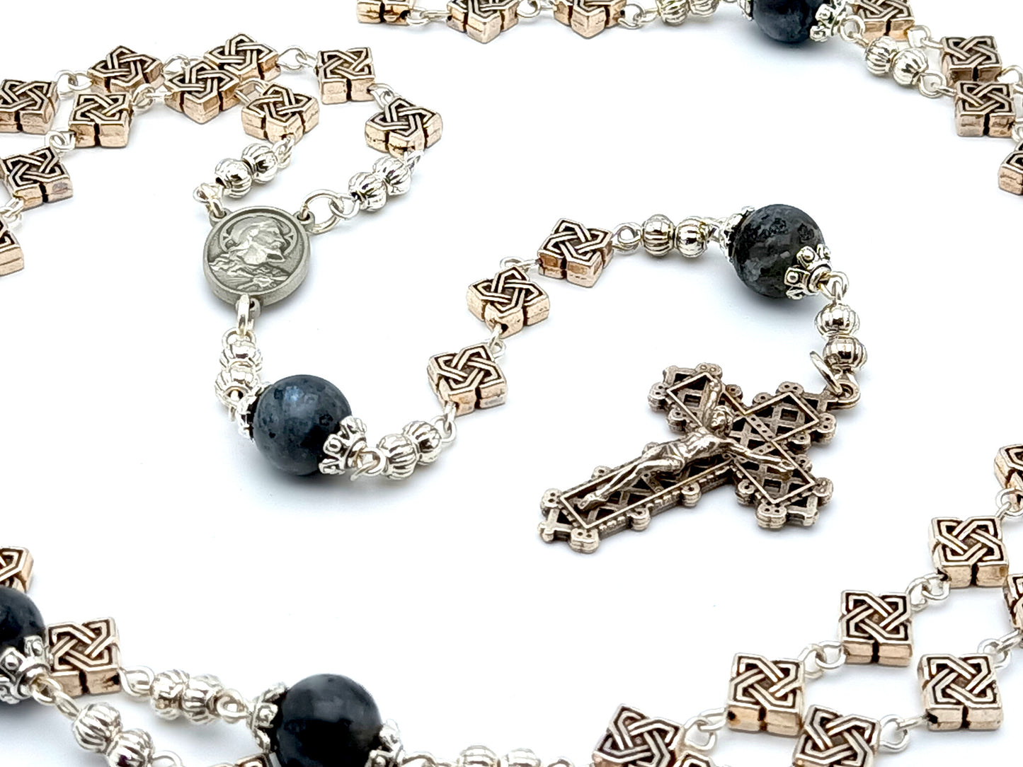 Brown Scapular unique rosary beads with silver Celtic cross and gemstone beads, silver crucifix and centre medal.