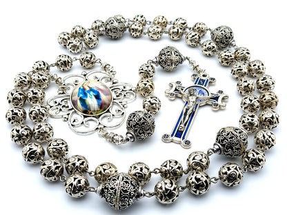 Virgin Mary unique rosary beads with large silver filigree beads, silver and blue enamel crucifix and large picture centre medal.