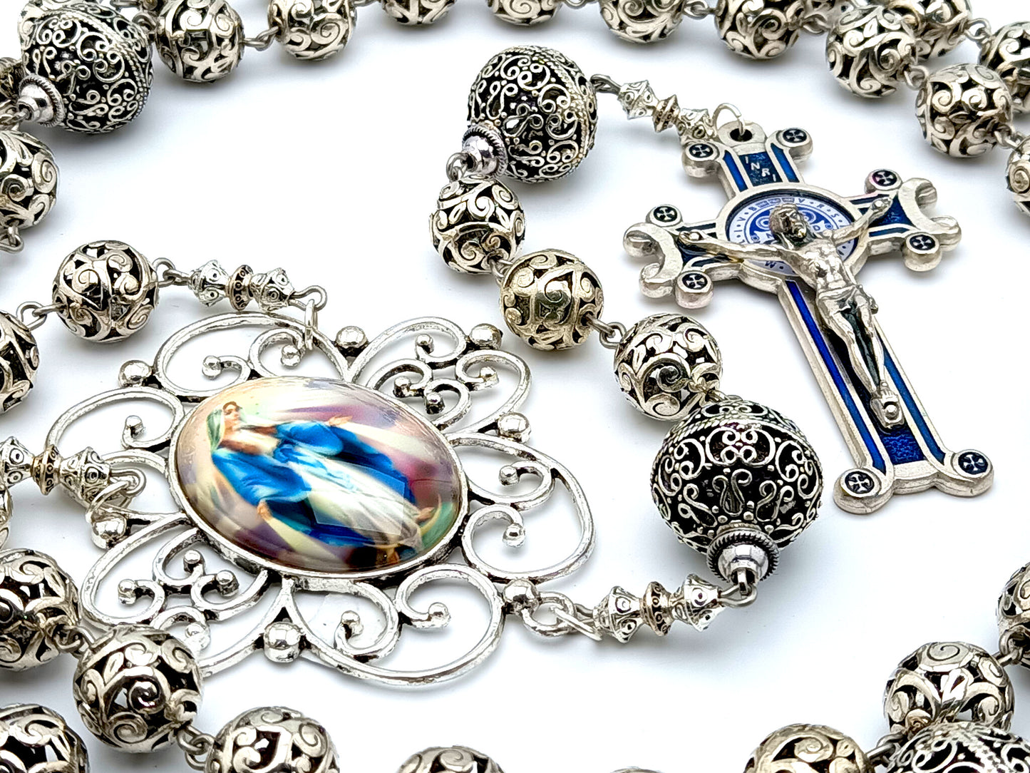 Virgin Mary unique rosary beads with large silver filigree beads, silver and blue enamel crucifix and large picture centre medal.