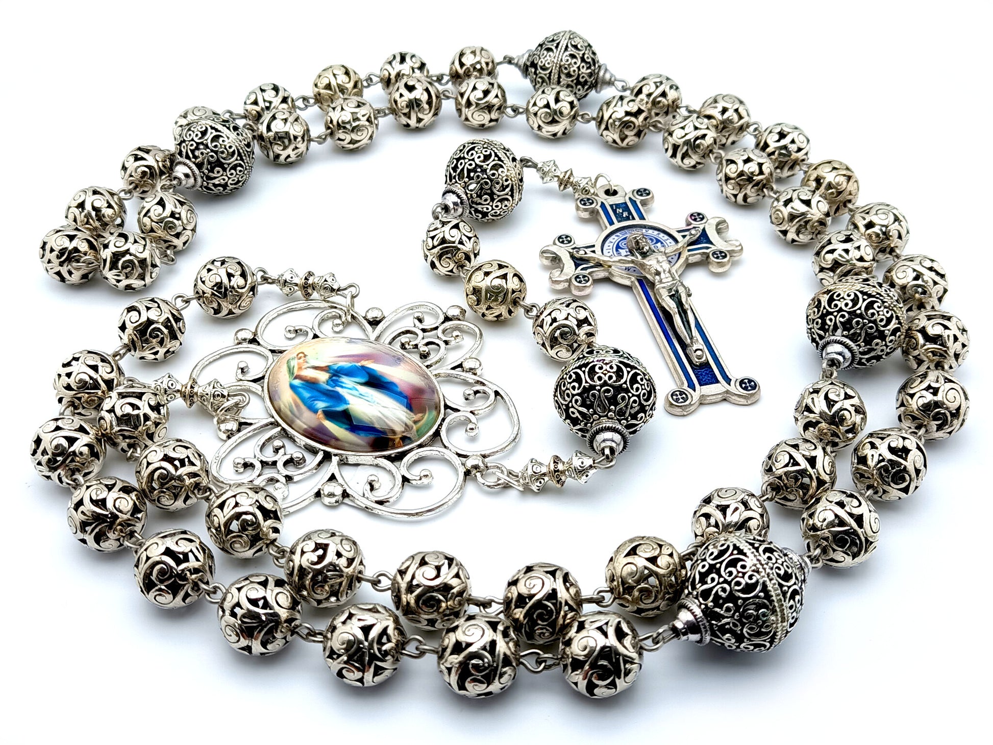 Virgin Mary unique rosary beads with large silver filigree beads, silver and blue enamel crucifix and large picture centre medal.