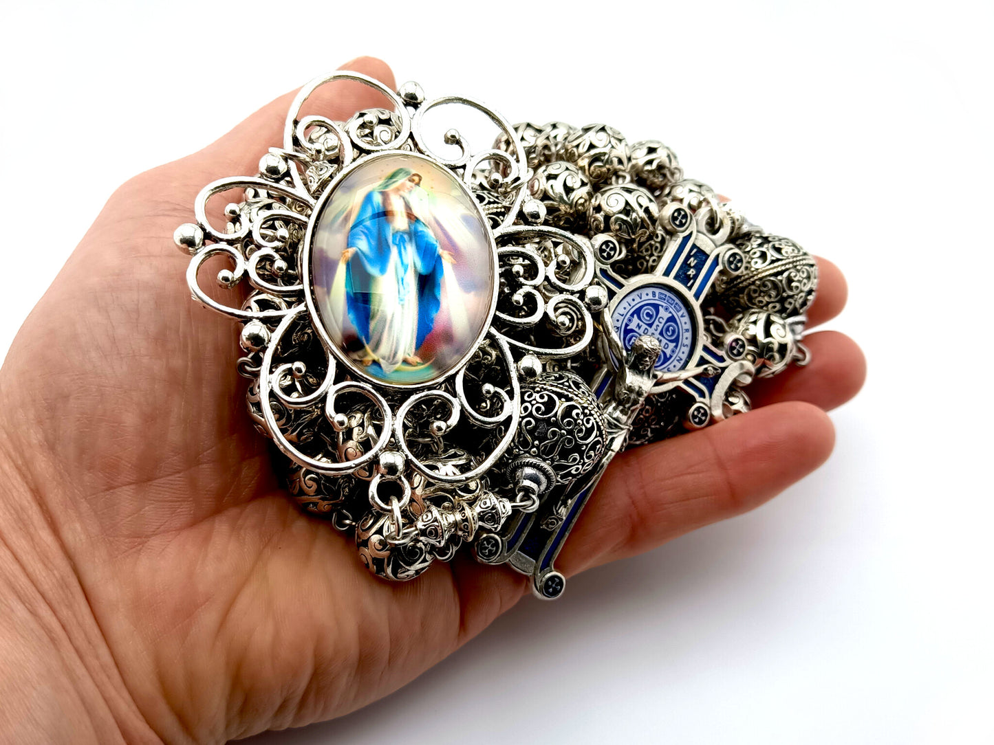 Handcrafted Ex Large Wall Virgin Mary silver Rosary, Large Tibetan silver Rosary, Spiritual Rosary beads, The Immaculate Conception Rosary.